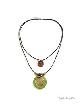 Vintage Boho Long Leather Cord Necklace with Wooden Pendant Adjustable Ethnic